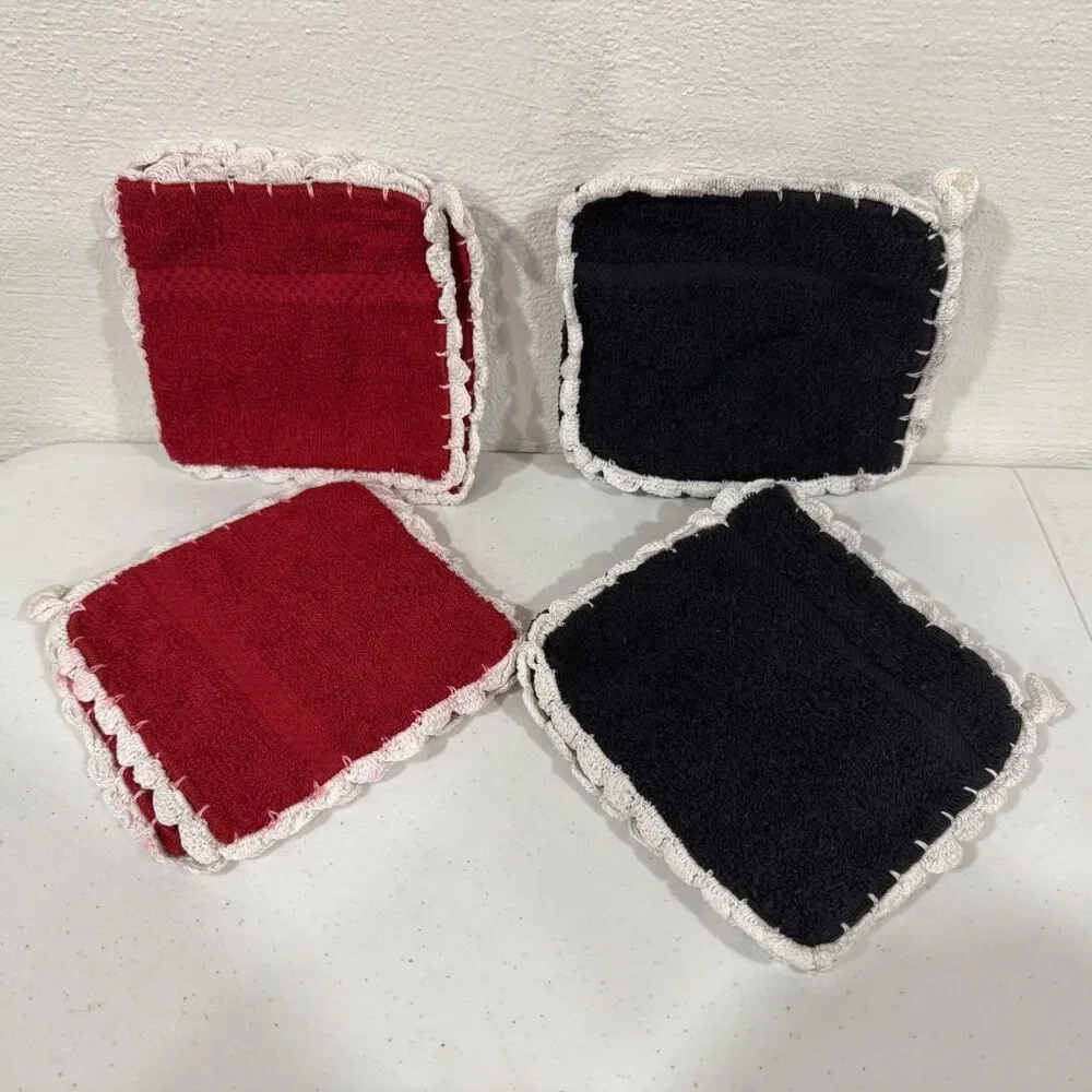 Set of 4 Red & Black Terry Cloth Pot Holders Hot Pads White Crochet Trim Kitchen